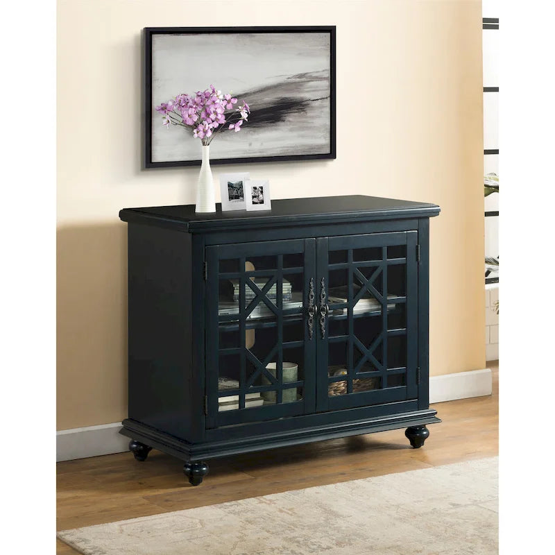 Traditional TV Stand with Trellis Glass Doors & Antique Finish