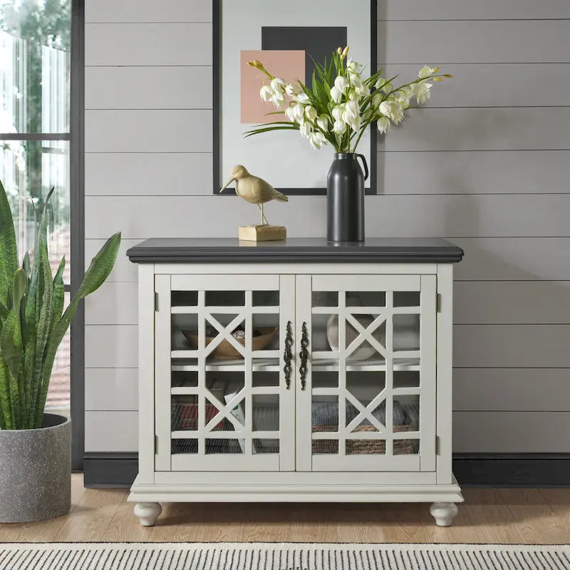 Traditional TV Stand with Trellis Glass Doors & Antique Finish