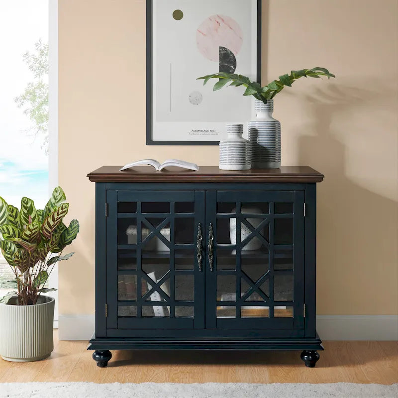 Traditional TV Stand with Trellis Glass Doors & Antique Finish
