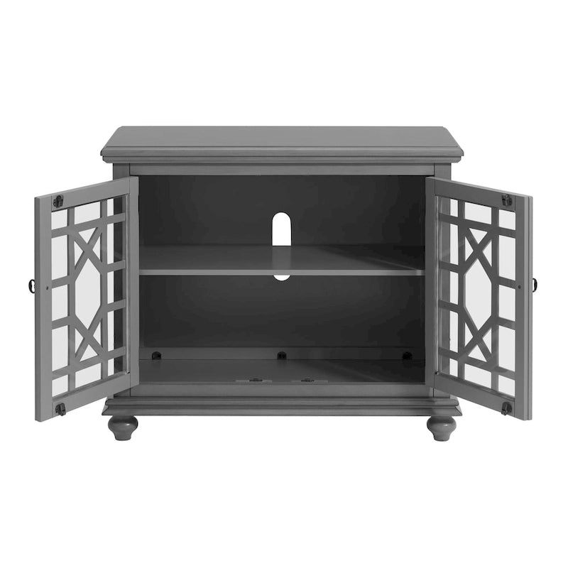 Traditional TV Stand with Trellis Glass Doors & Antique Finish