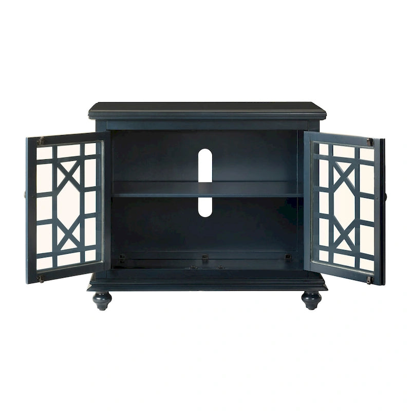 Traditional TV Stand with Trellis Glass Doors & Antique Finish