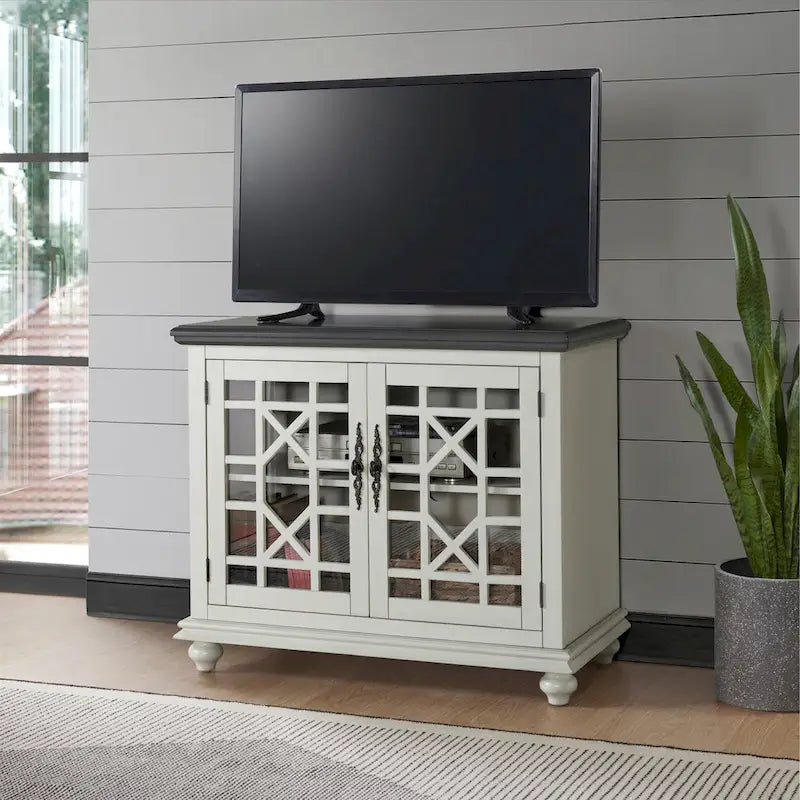 Traditional TV Stand with Trellis Glass Doors & Antique Finish