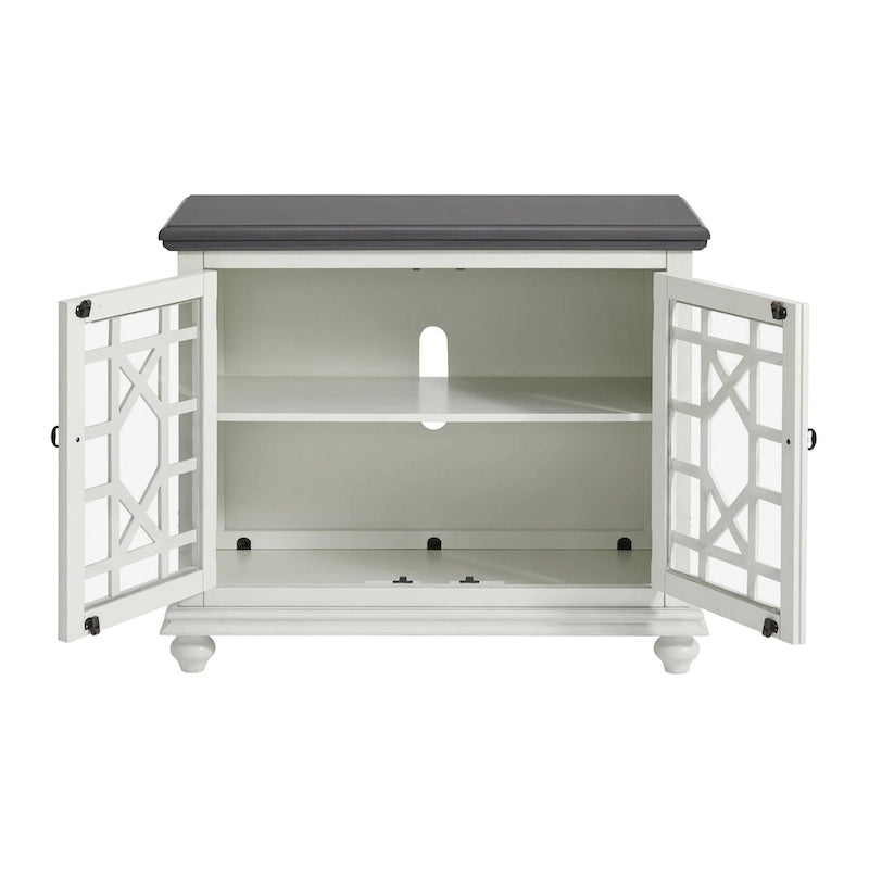 Traditional TV Stand with Trellis Glass Doors & Antique Finish