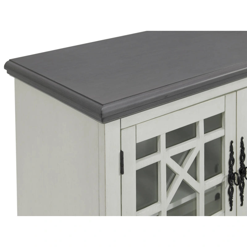 Traditional TV Stand with Trellis Glass Doors & Antique Finish
