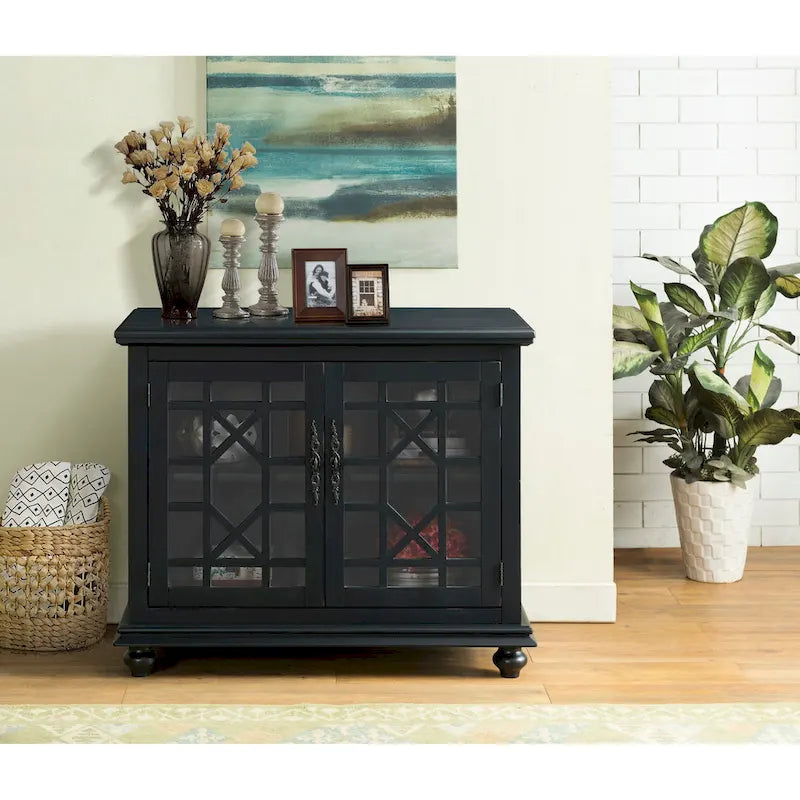 Traditional TV Stand with Trellis Glass Doors & Antique Finish