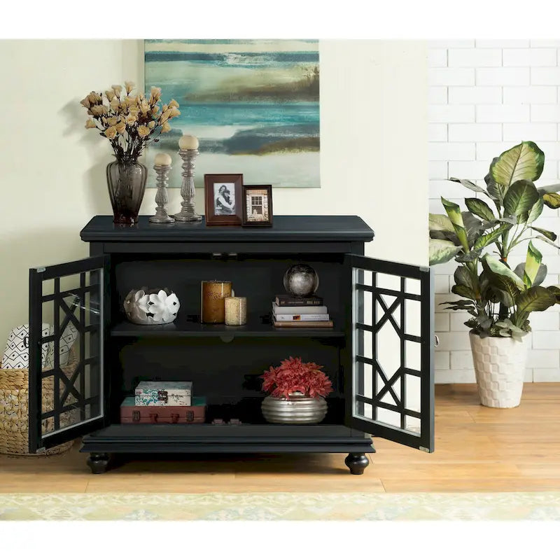 Traditional TV Stand with Trellis Glass Doors & Antique Finish