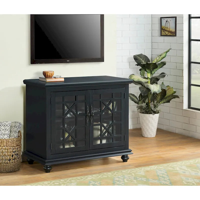 Traditional TV Stand with Trellis Glass Doors & Antique Finish