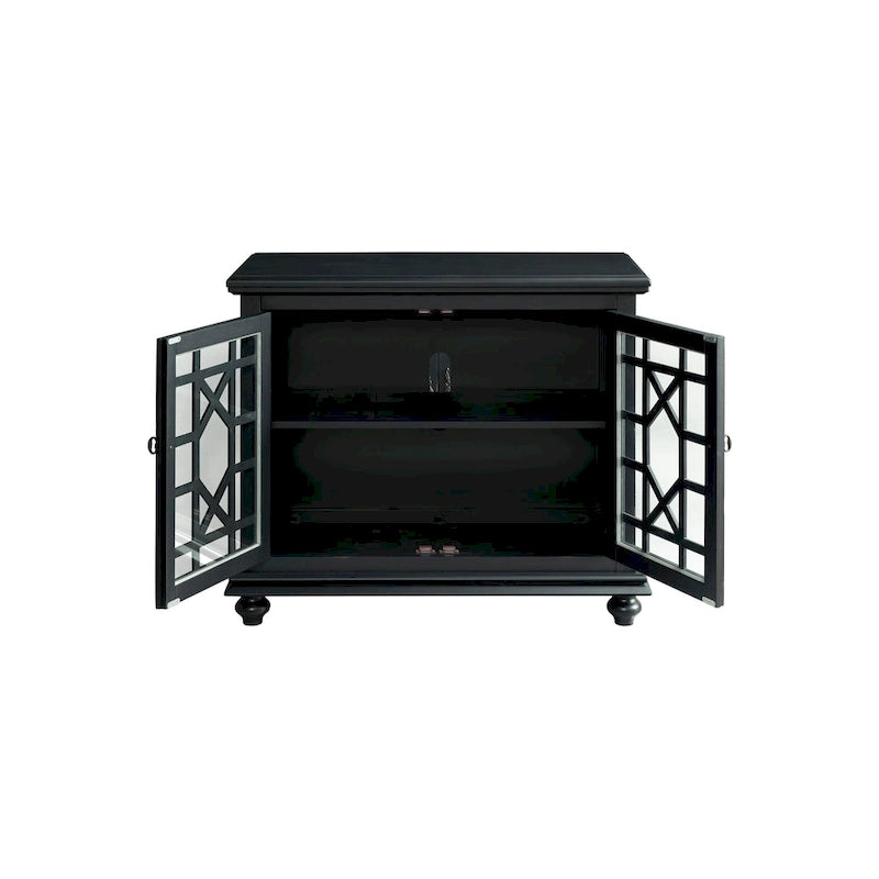 Traditional TV Stand with Trellis Glass Doors & Antique Finish