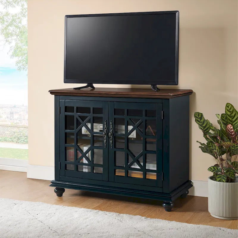 Traditional TV Stand with Trellis Glass Doors & Antique Finish