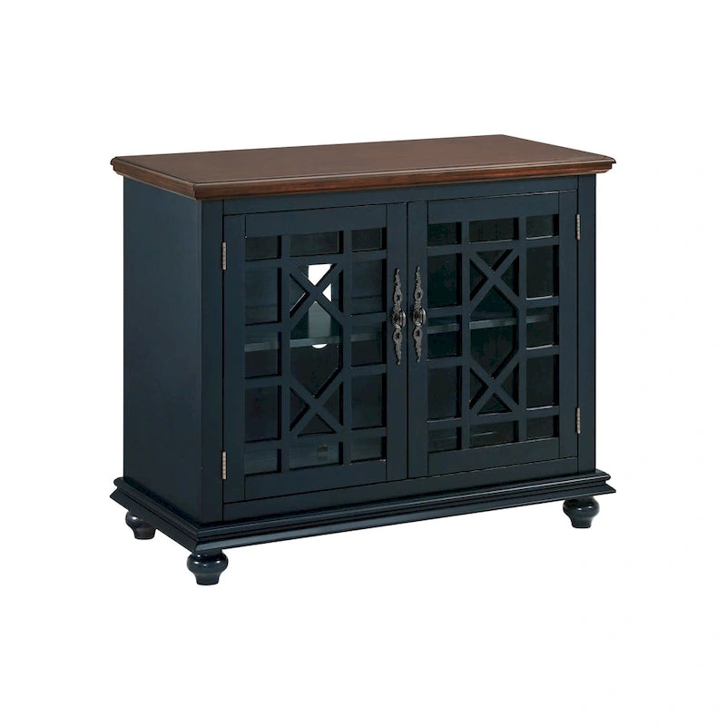 Traditional TV Stand with Trellis Glass Doors & Antique Finish