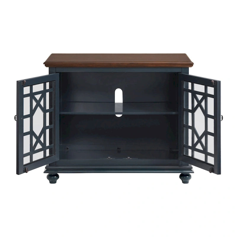 Traditional TV Stand with Trellis Glass Doors & Antique Finish