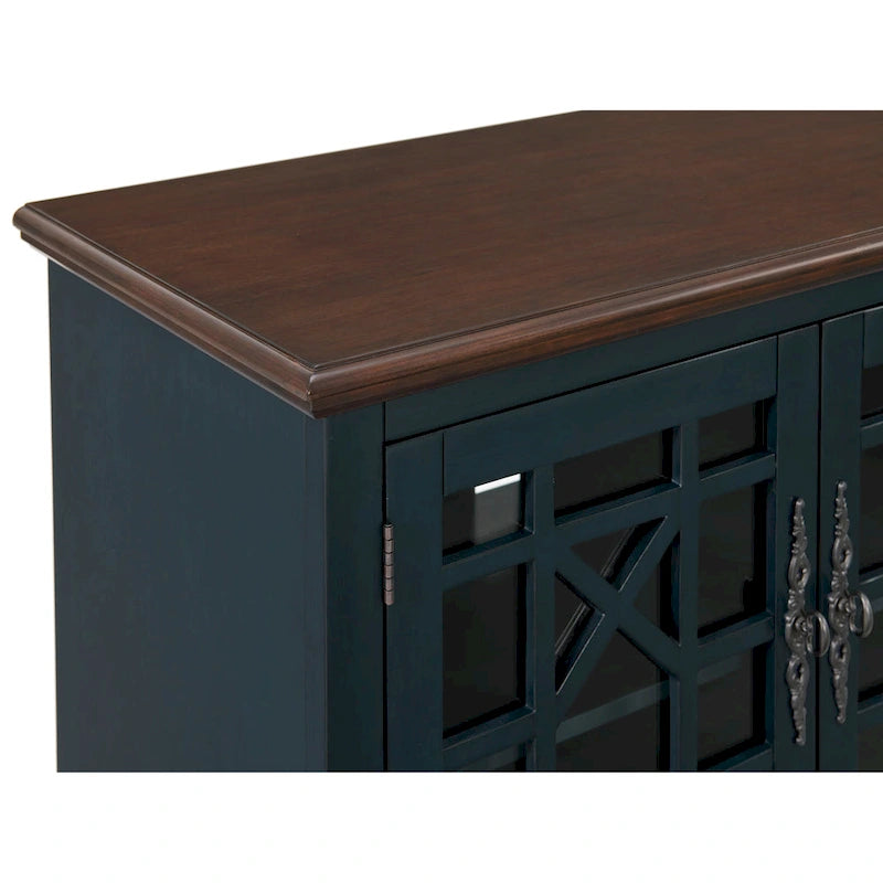 Traditional TV Stand with Trellis Glass Doors & Antique Finish