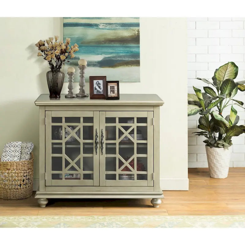 Traditional TV Stand with Trellis Glass Doors & Antique Finish