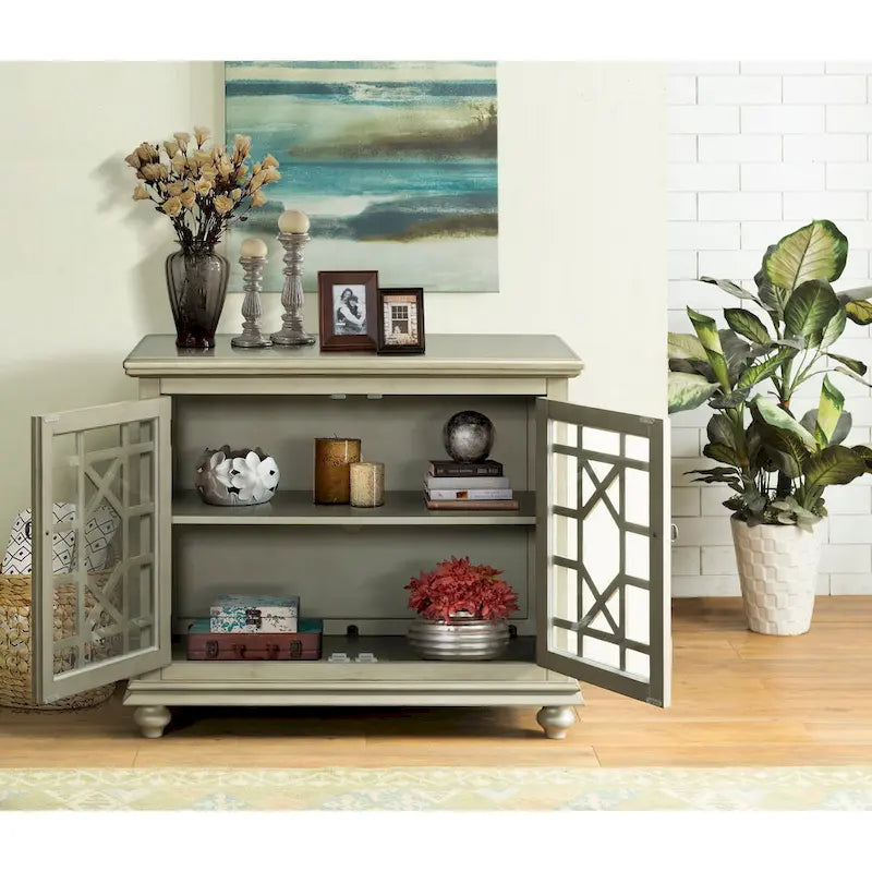 Traditional TV Stand with Trellis Glass Doors & Antique Finish
