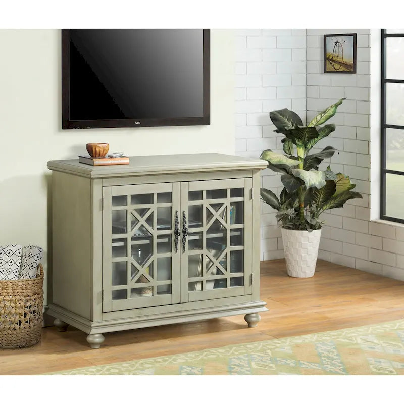 Traditional TV Stand with Trellis Glass Doors & Antique Finish