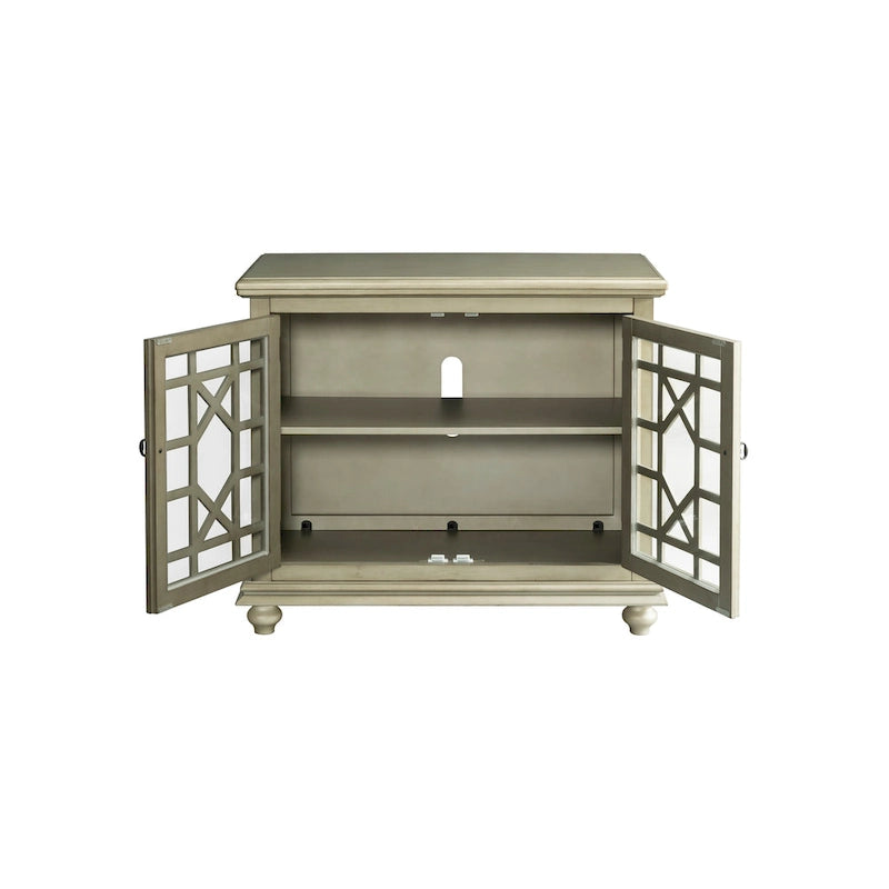 Traditional TV Stand with Trellis Glass Doors & Antique Finish