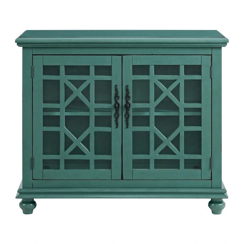 Traditional TV Stand with Trellis Glass Doors & Antique Finish