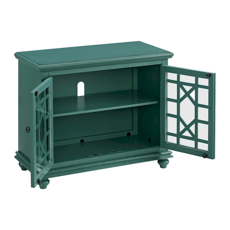 Traditional TV Stand with Trellis Glass Doors & Antique Finish