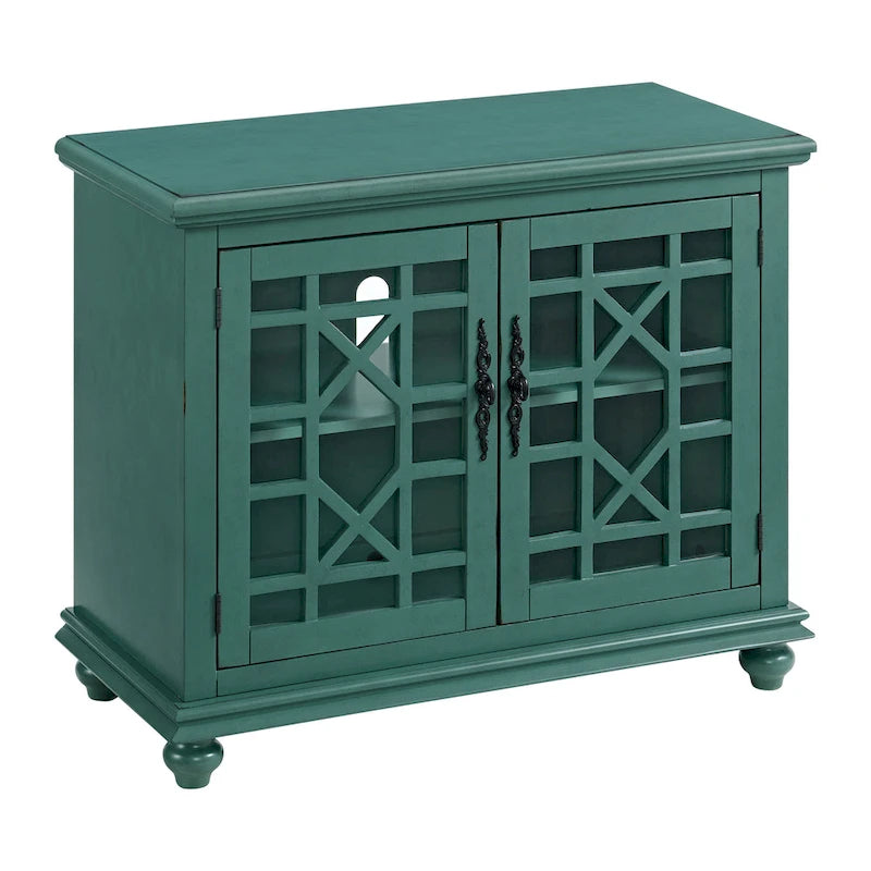 Traditional TV Stand with Trellis Glass Doors & Antique Finish