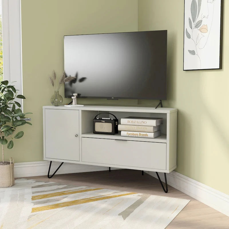 Mid-Century Modern Corner TV Console, Fits up to 42" TVs
