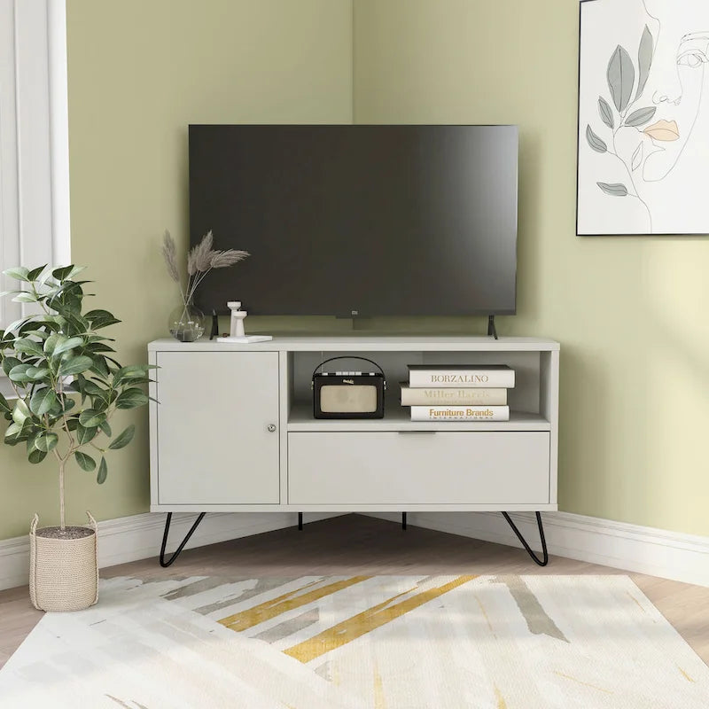Mid-Century Modern Corner TV Console, Fits up to 42" TVs