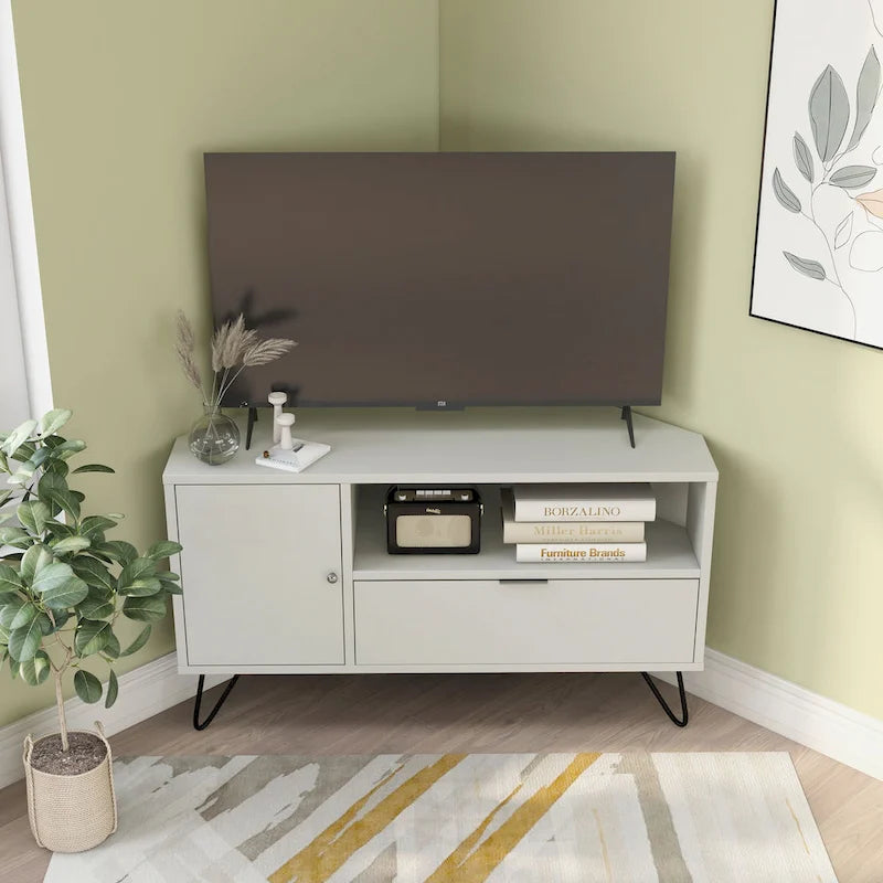 Mid-Century Modern Corner TV Console, Fits up to 42" TVs