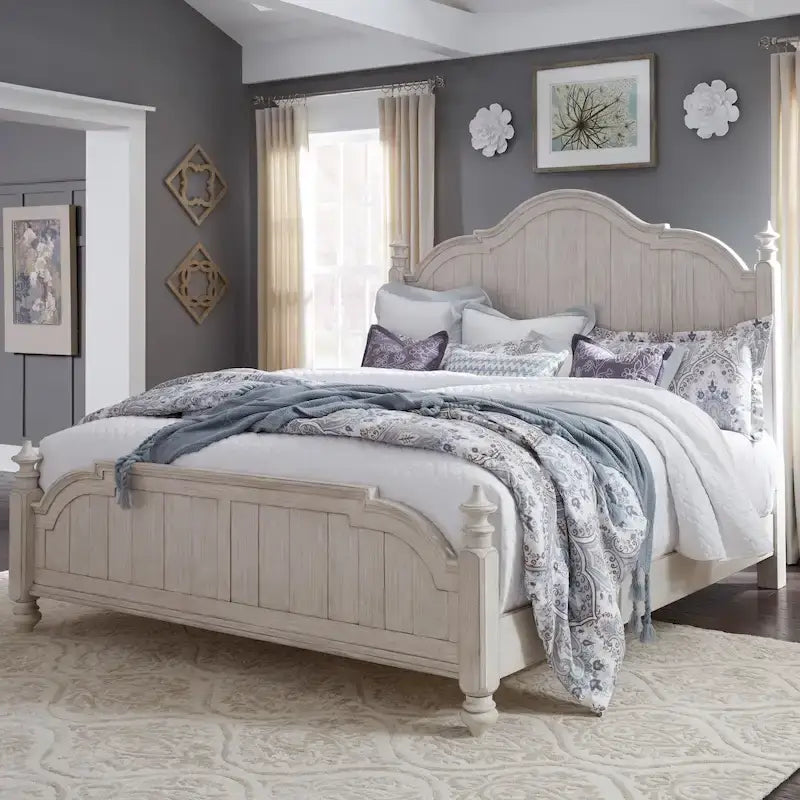 Queen Poster Bed | Farmhouse Style | Antique White with Chestnut Tops