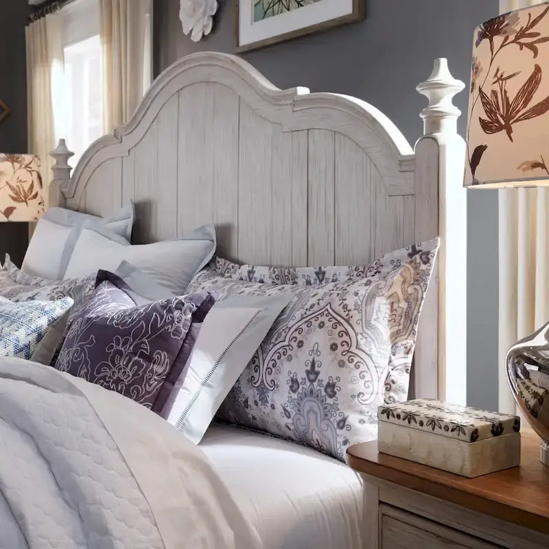 Queen Poster Bed | Farmhouse Style | Antique White with Chestnut Tops