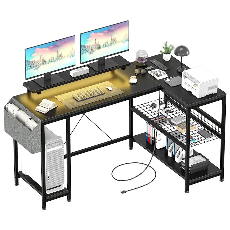 L-Shaped Corner Desk with Dual Monitor Riser, Power Outlets & LED Light