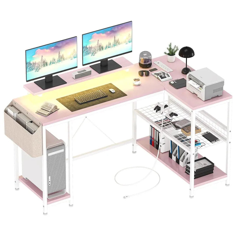 L-Shaped Corner Desk with Dual Monitor Riser, Power Outlets & LED Light