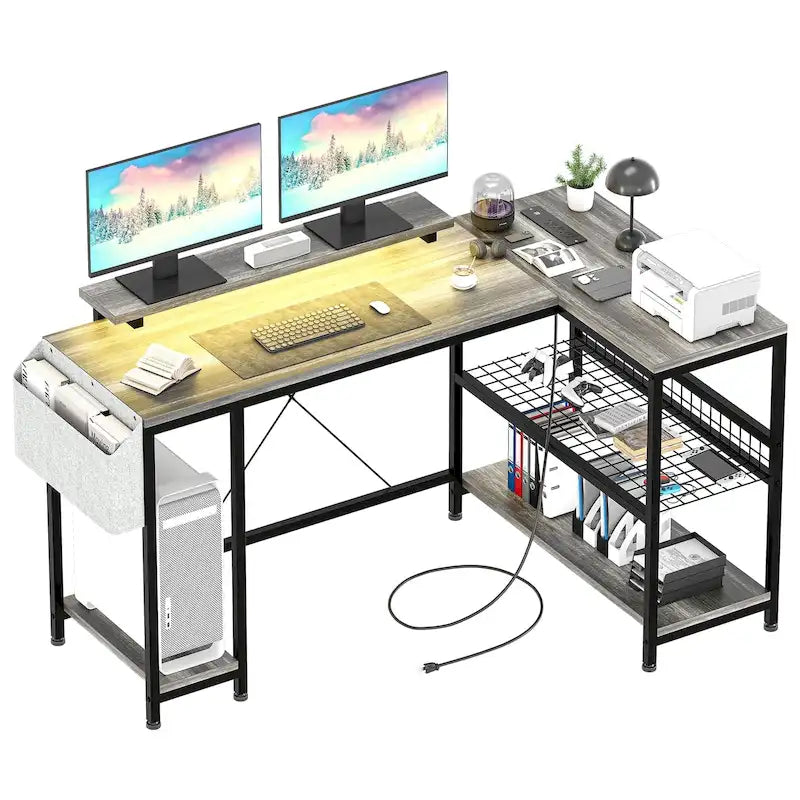 L-Shaped Corner Desk with Dual Monitor Riser, Power Outlets & LED Light
