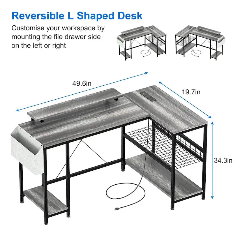 L-Shaped Corner Desk with Dual Monitor Riser, Power Outlets & LED Light