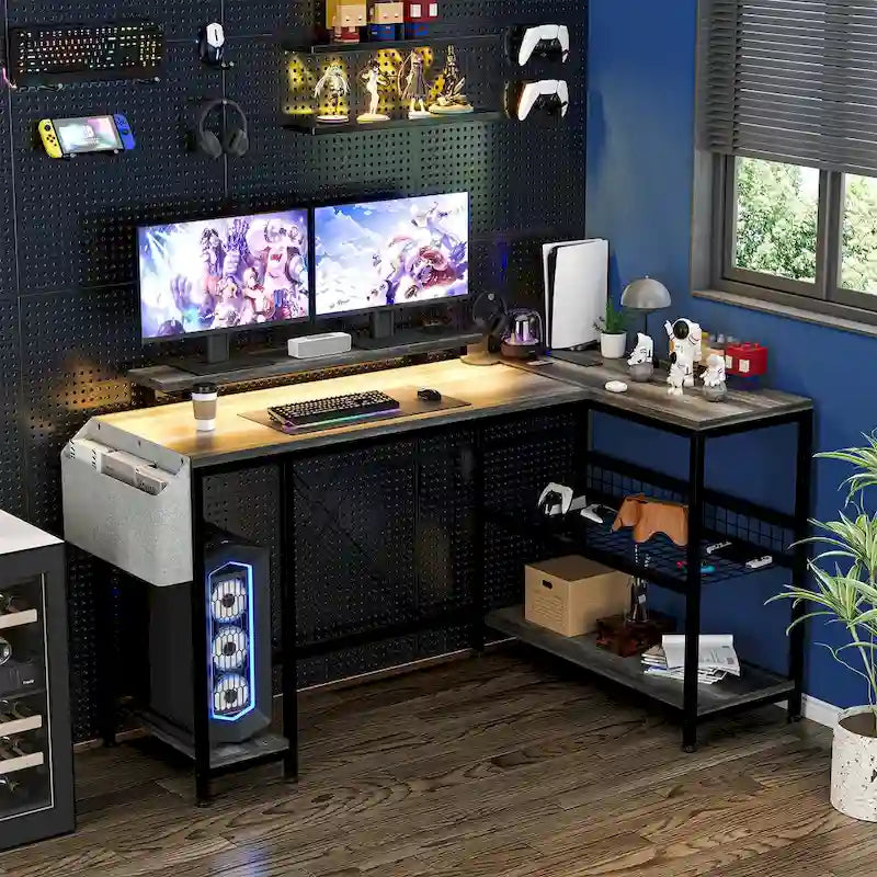 L-Shaped Corner Desk with Dual Monitor Riser, Power Outlets & LED Light