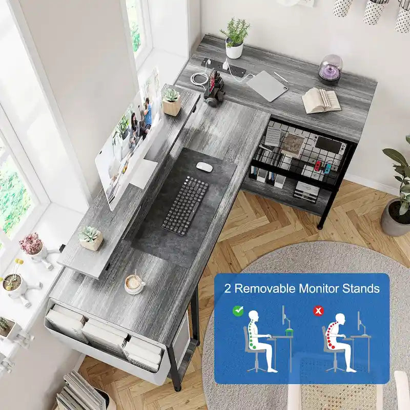 L-Shaped Corner Desk with Dual Monitor Riser, Power Outlets & LED Light