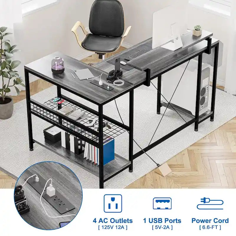 L-Shaped Corner Desk with Dual Monitor Riser, Power Outlets & LED Light