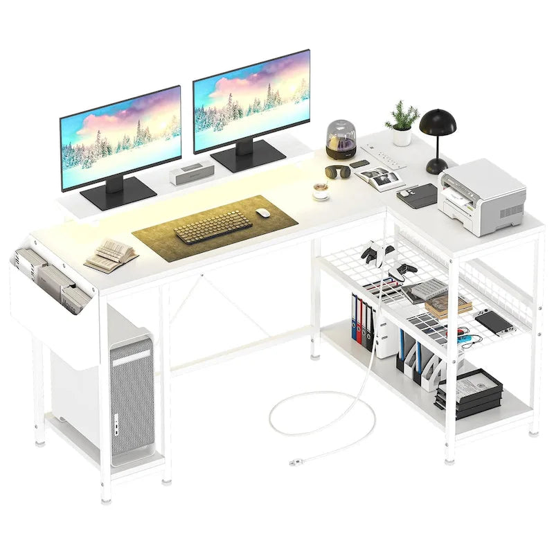 L-Shaped Corner Desk with Dual Monitor Riser, Power Outlets & LED Light