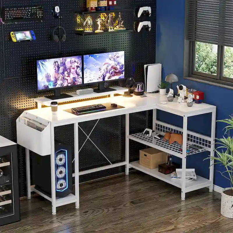 L-Shaped Corner Desk with Dual Monitor Riser, Power Outlets & LED Light