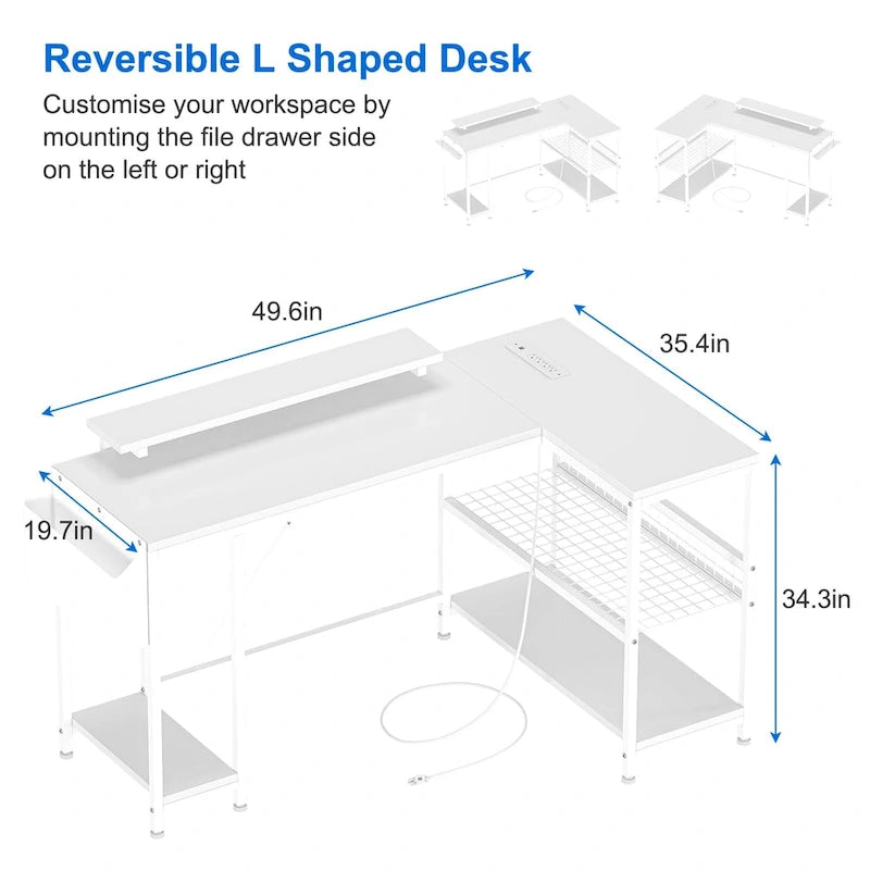L-Shaped Corner Desk with Dual Monitor Riser, Power Outlets & LED Light