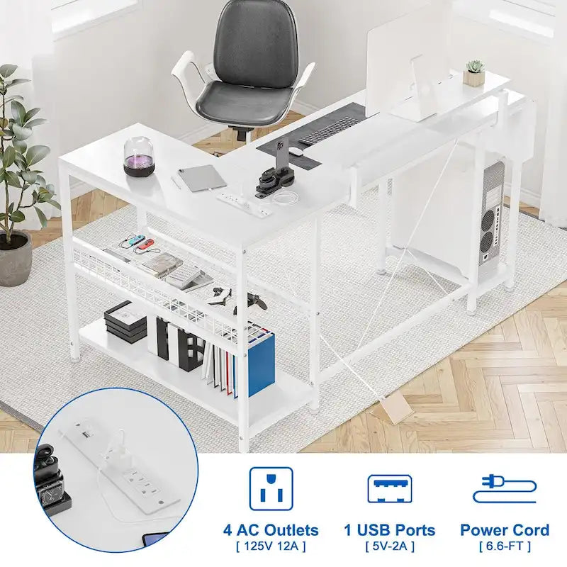 L-Shaped Corner Desk with Dual Monitor Riser, Power Outlets & LED Light