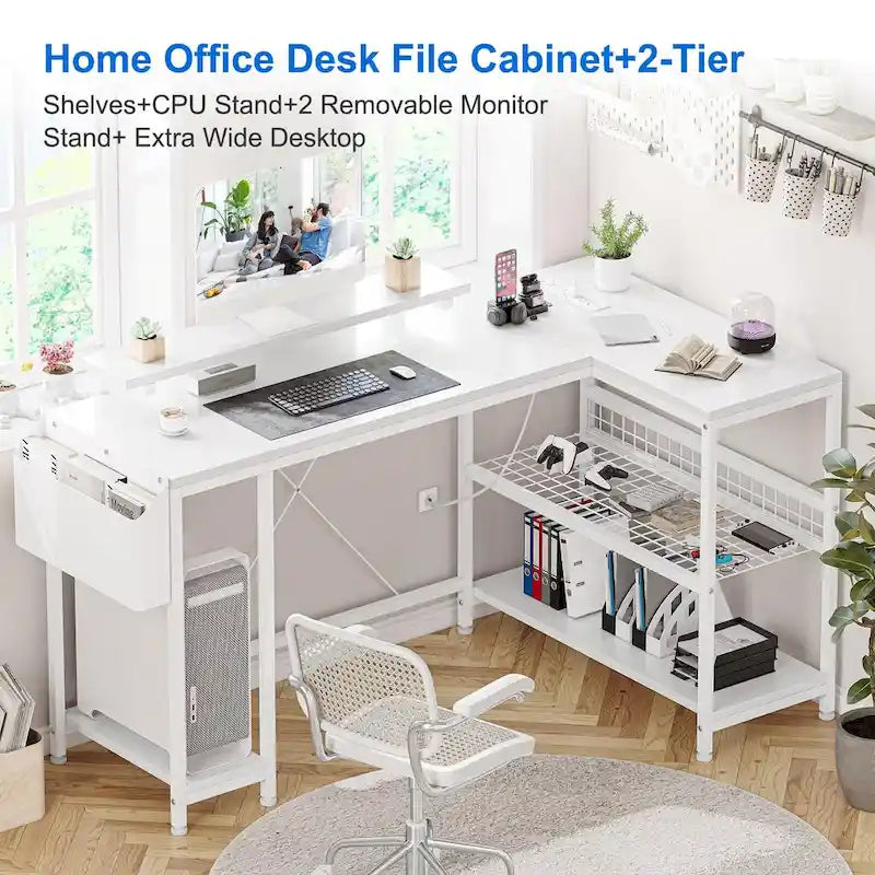 L-Shaped Corner Desk with Dual Monitor Riser, Power Outlets & LED Light