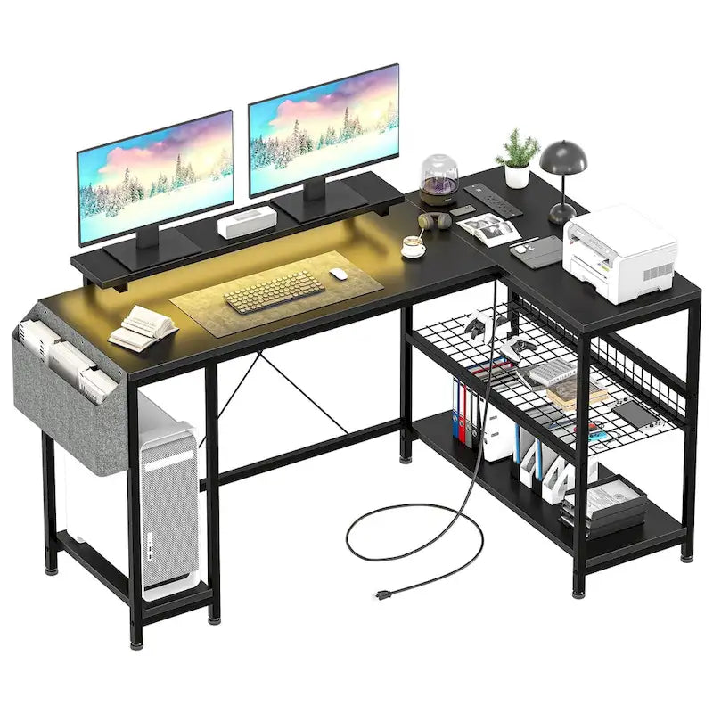 L-Shaped Corner Desk with Dual Monitor Riser, Power Outlets & LED Light