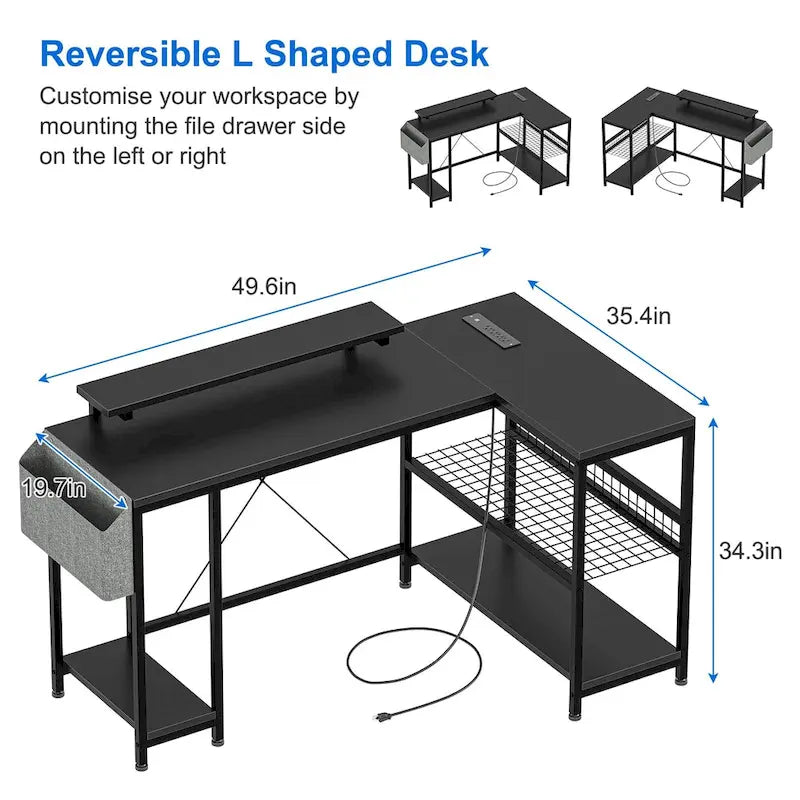 L-Shaped Corner Desk with Dual Monitor Riser, Power Outlets & LED Light
