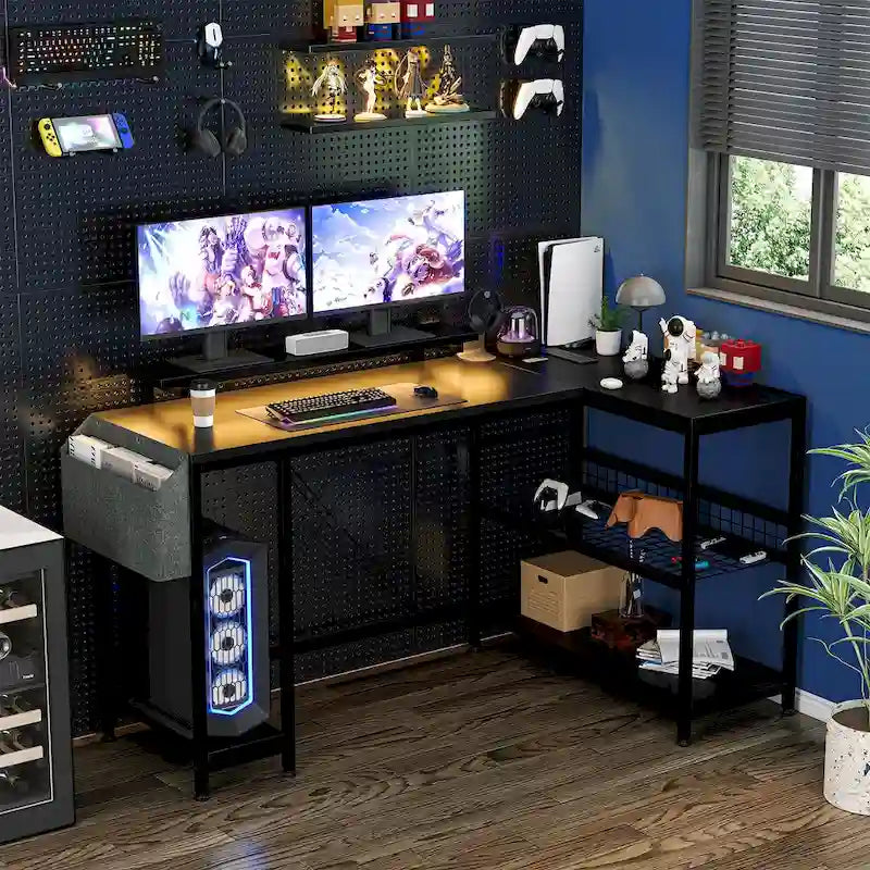 L-Shaped Corner Desk with Dual Monitor Riser, Power Outlets & LED Light