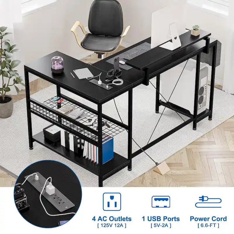 L-Shaped Corner Desk with Dual Monitor Riser, Power Outlets & LED Light
