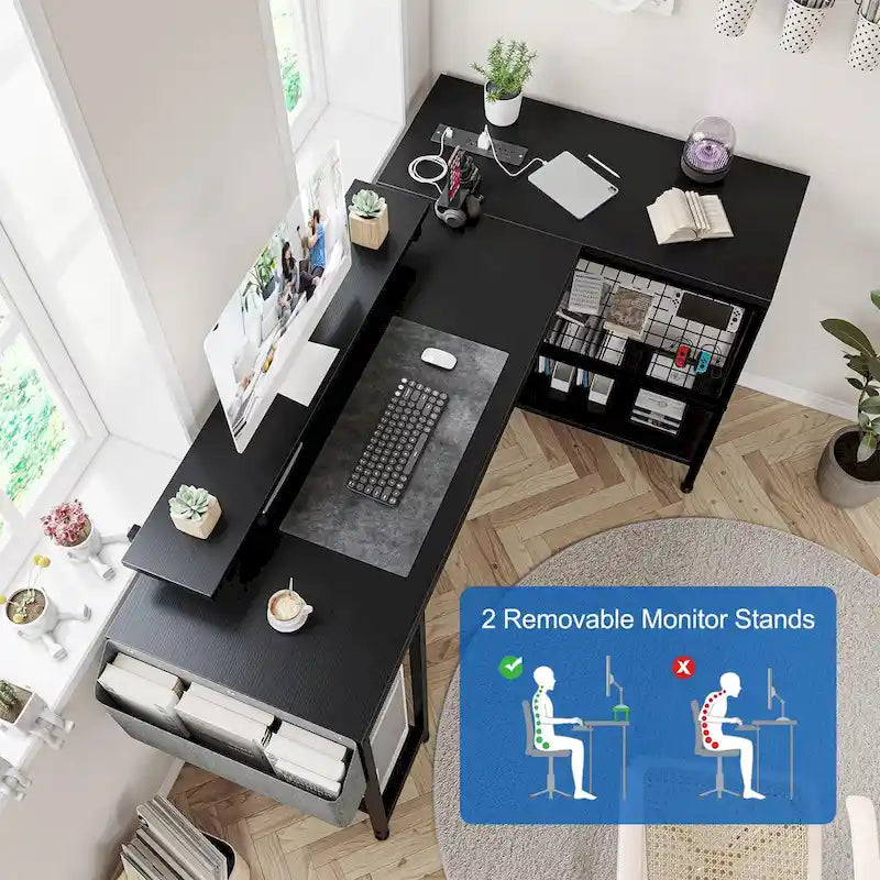 L-Shaped Corner Desk with Dual Monitor Riser, Power Outlets & LED Light