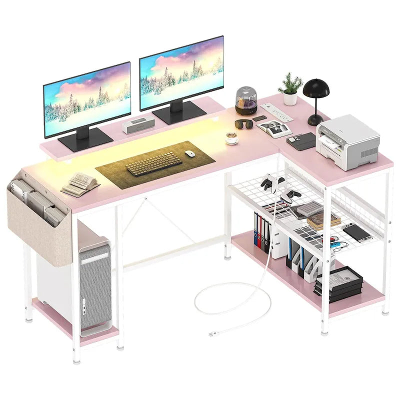 L-Shaped Corner Desk with Dual Monitor Riser, Power Outlets & LED Light
