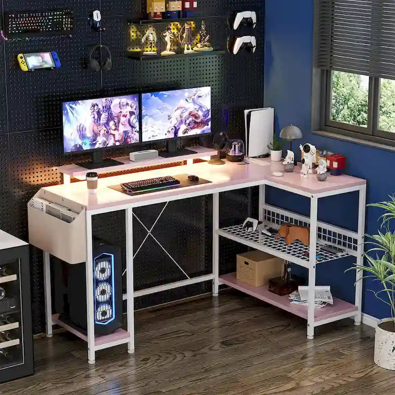 L-Shaped Corner Desk with Dual Monitor Riser, Power Outlets & LED Light