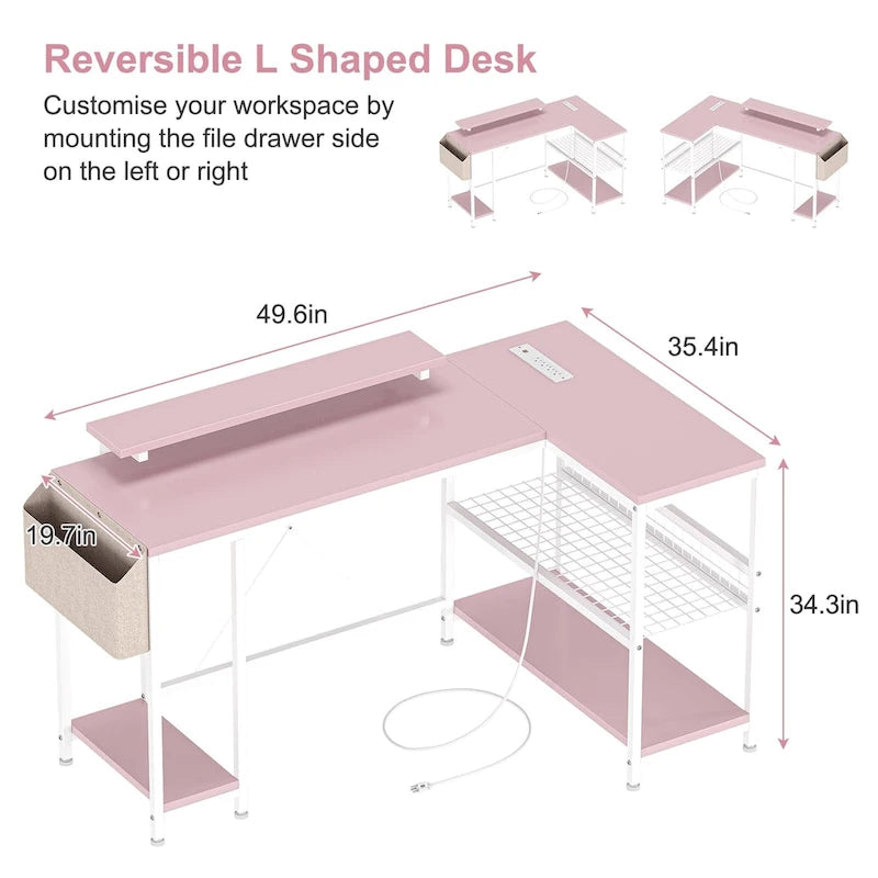 L-Shaped Corner Desk with Dual Monitor Riser, Power Outlets & LED Light