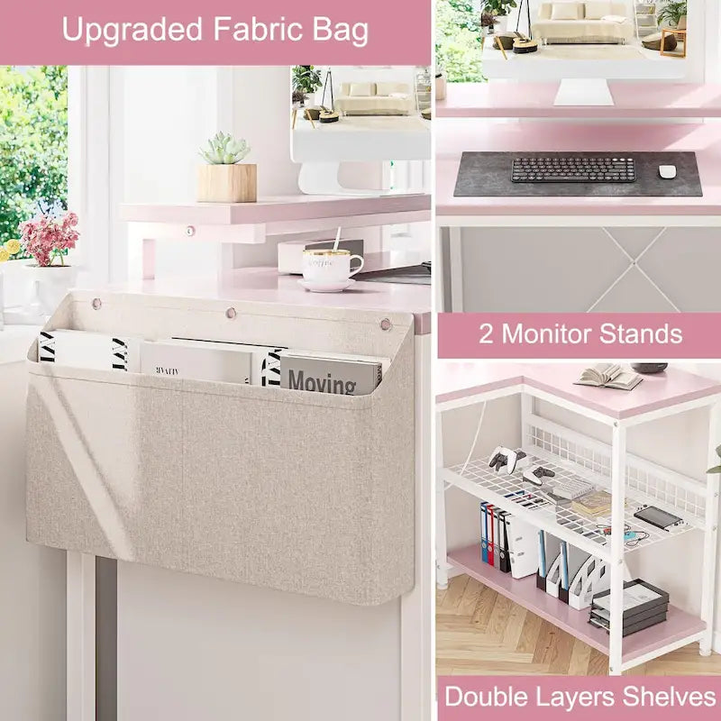 L-Shaped Corner Desk with Dual Monitor Riser, Power Outlets & LED Light