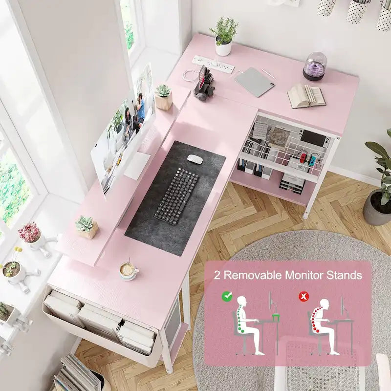 L-Shaped Corner Desk with Dual Monitor Riser, Power Outlets & LED Light